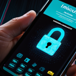 **Prompt:** A dramatic digital scene illustrating personal data at risk from insecure mobile applications. A smartphone screen displays sensitive information (like financial or personal data) subtly dissolving or being pulled away by shadowy, abstract cyber threats. Surrounding the phone are broken lock icons and digital representations of malware or phishing attempts. The atmosphere is tense and urgent, emphasizing digital vulnerability and the potential for financial loss and identity theft. High-resolution, dramatic lighting, digital art style.