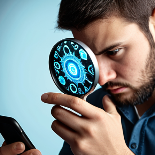 **A concerned person looking at their smartphone with a magnifying glass, highlighting the risk of mobile viruses. Background should show various app icons and blurred website links.**