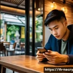 Home 19 스마트폰 보안 교육을 위한 리소스 - A modern Thai young adult using a smartphone in a cozy café setting in Bangkok, focusing intently on...