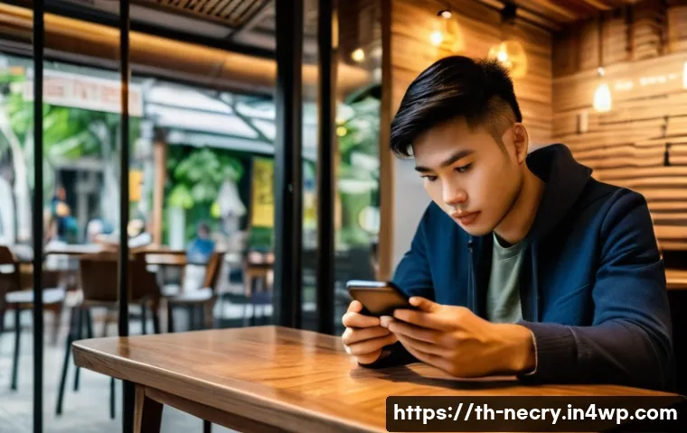 스마트폰 보안 교육을 위한 리소스 - A modern Thai young adult using a smartphone in a cozy caf&eacute; setting in Bangkok, focusing intently on...