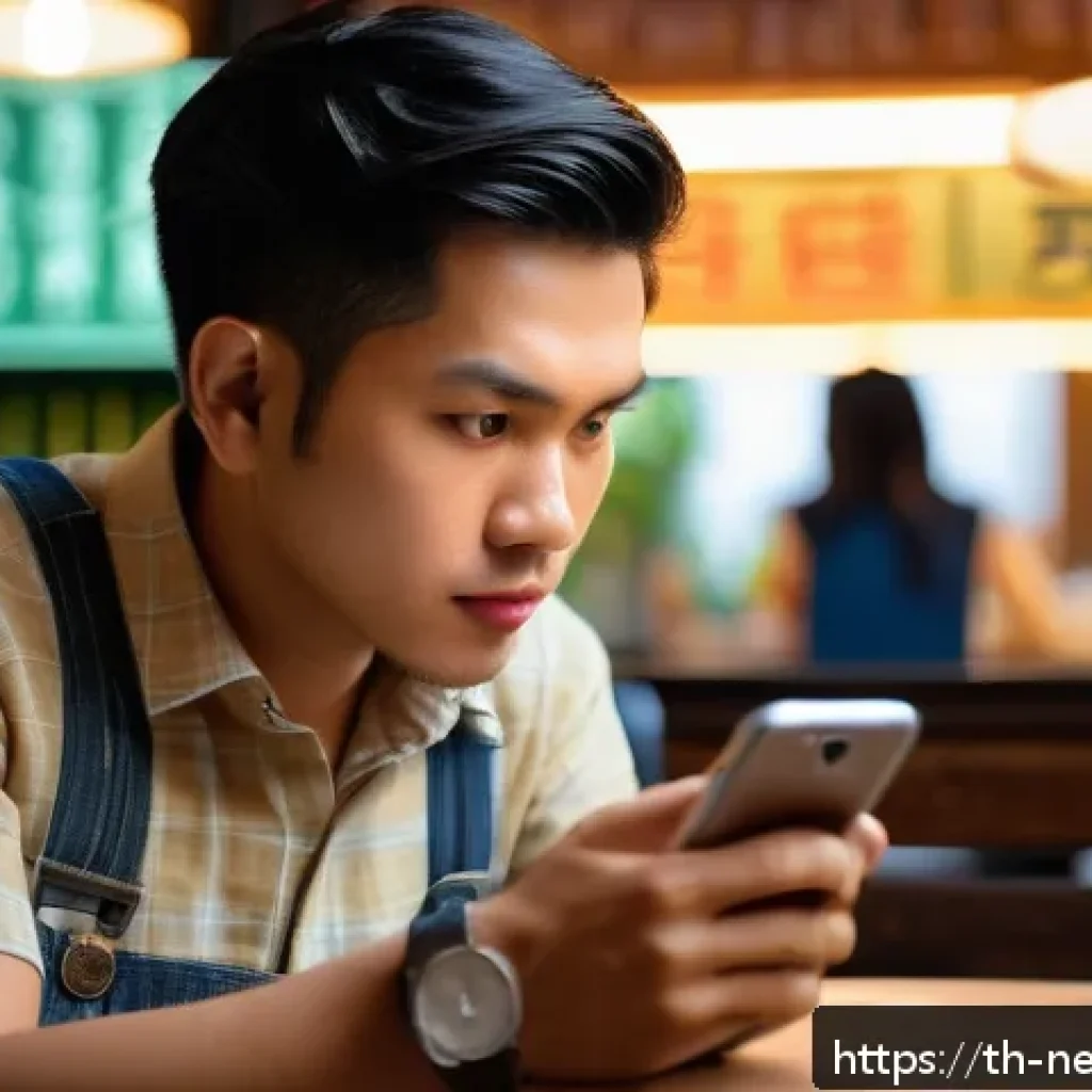 스마트폰에서의 위험한 링크 탐지하기 - A modern Thai smartphone user cautiously examining a suspicious URL on their phone screen, showing a...