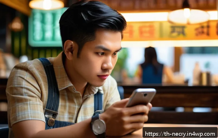 스마트폰에서의 위험한 링크 탐지하기 - A modern Thai smartphone user cautiously examining a suspicious URL on their phone screen, showing a...