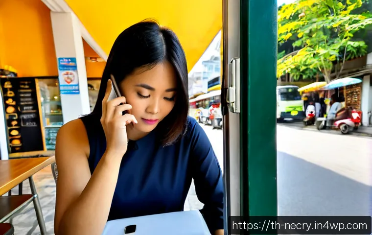 모바일 기기 사용 중 보안 사고 예방하기 - Photorealistic Thai woman in her 30s seated at a bright Bangkok café, carefully reviewing privacy se...
